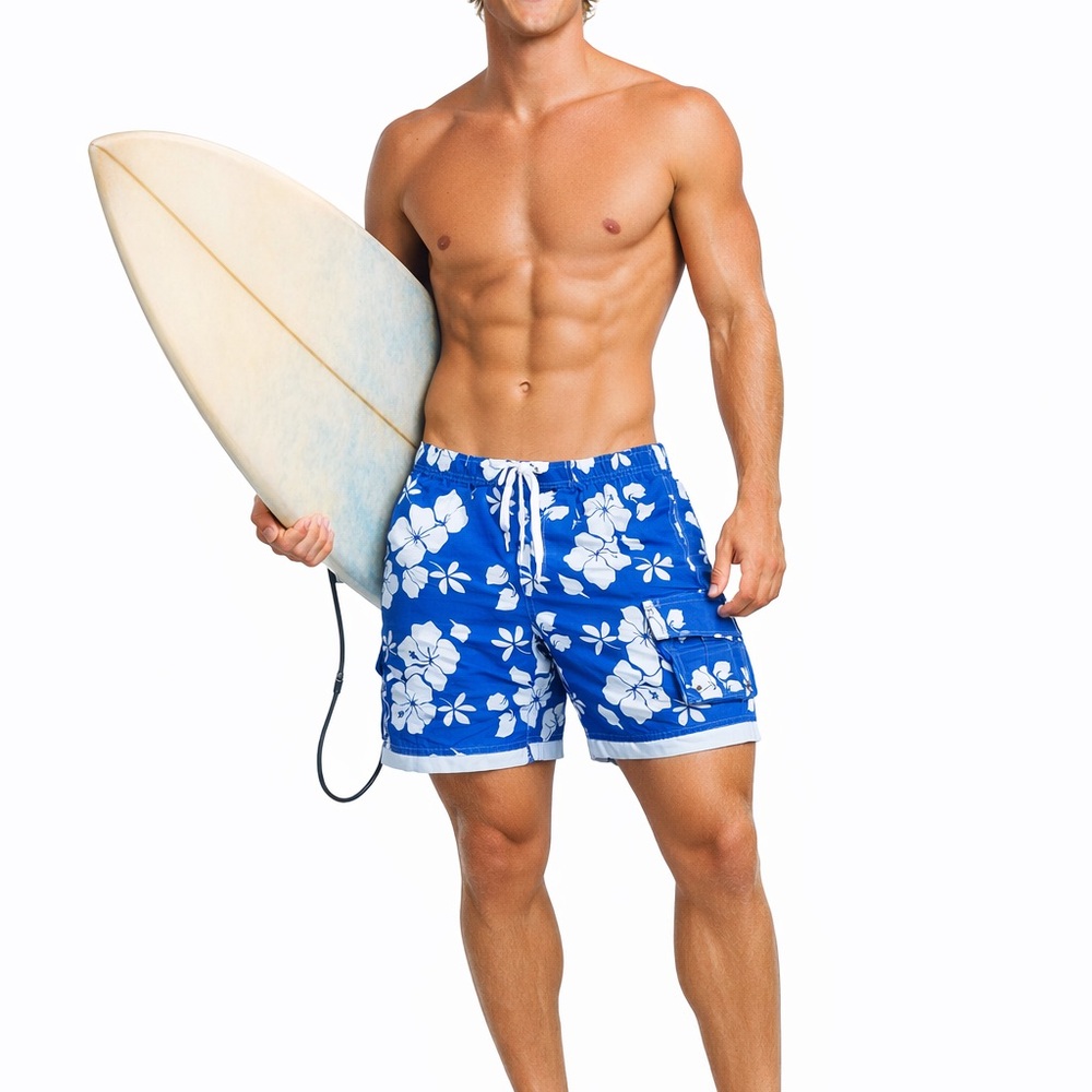 Blue & White Hawaii Tropical Island Hibiscus Flower Vacation‎ Mens Swim Trunks